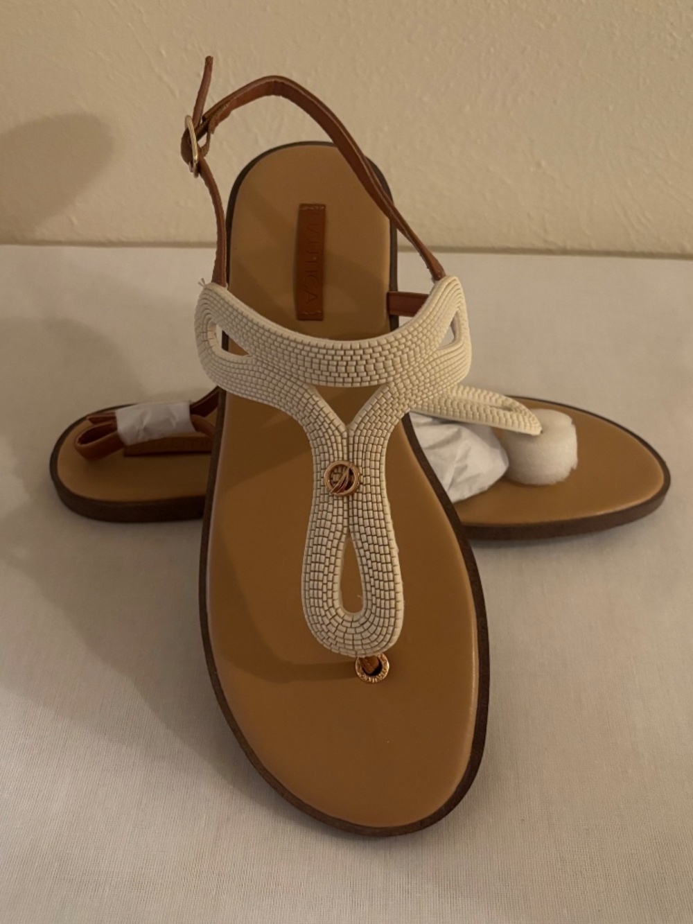 Nautica Burford Cream and Tan Women's Casual Slide Leather Sandals - Size 9.5